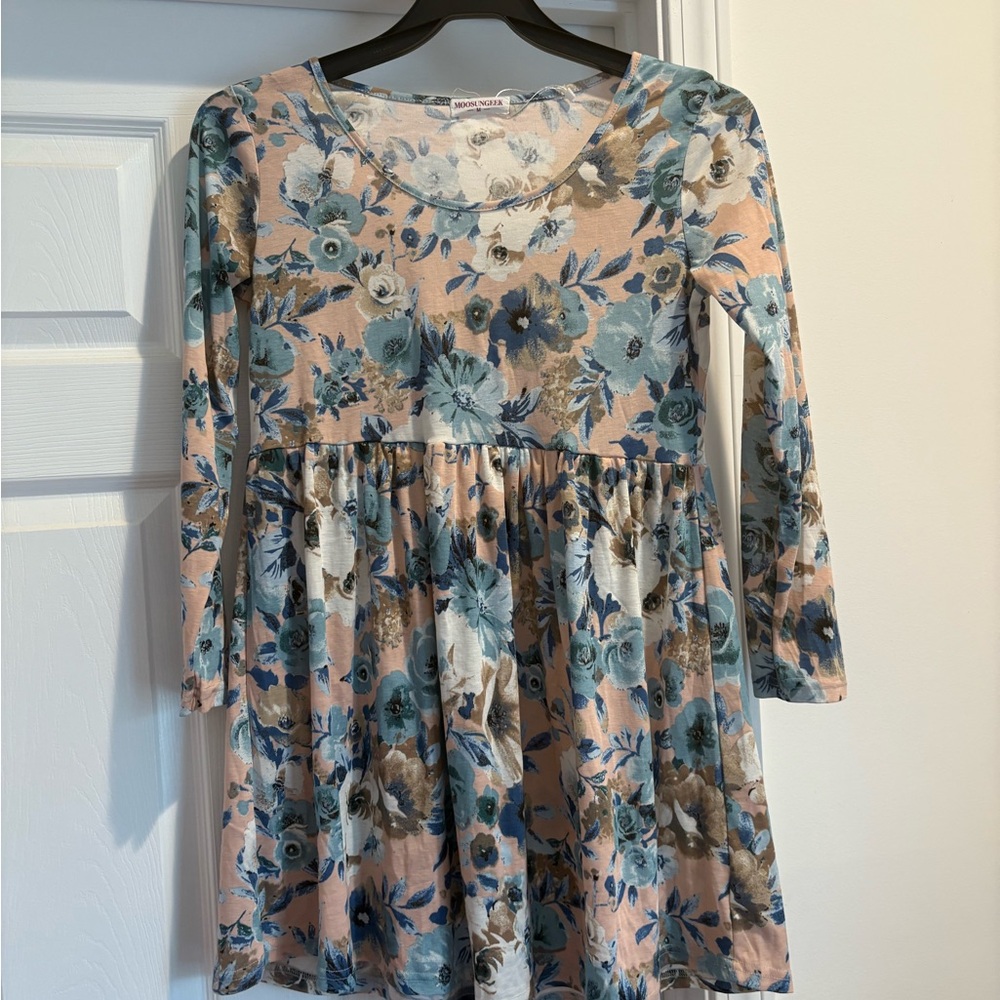 Blue Floral Long-Sleeve Kids Dress by
